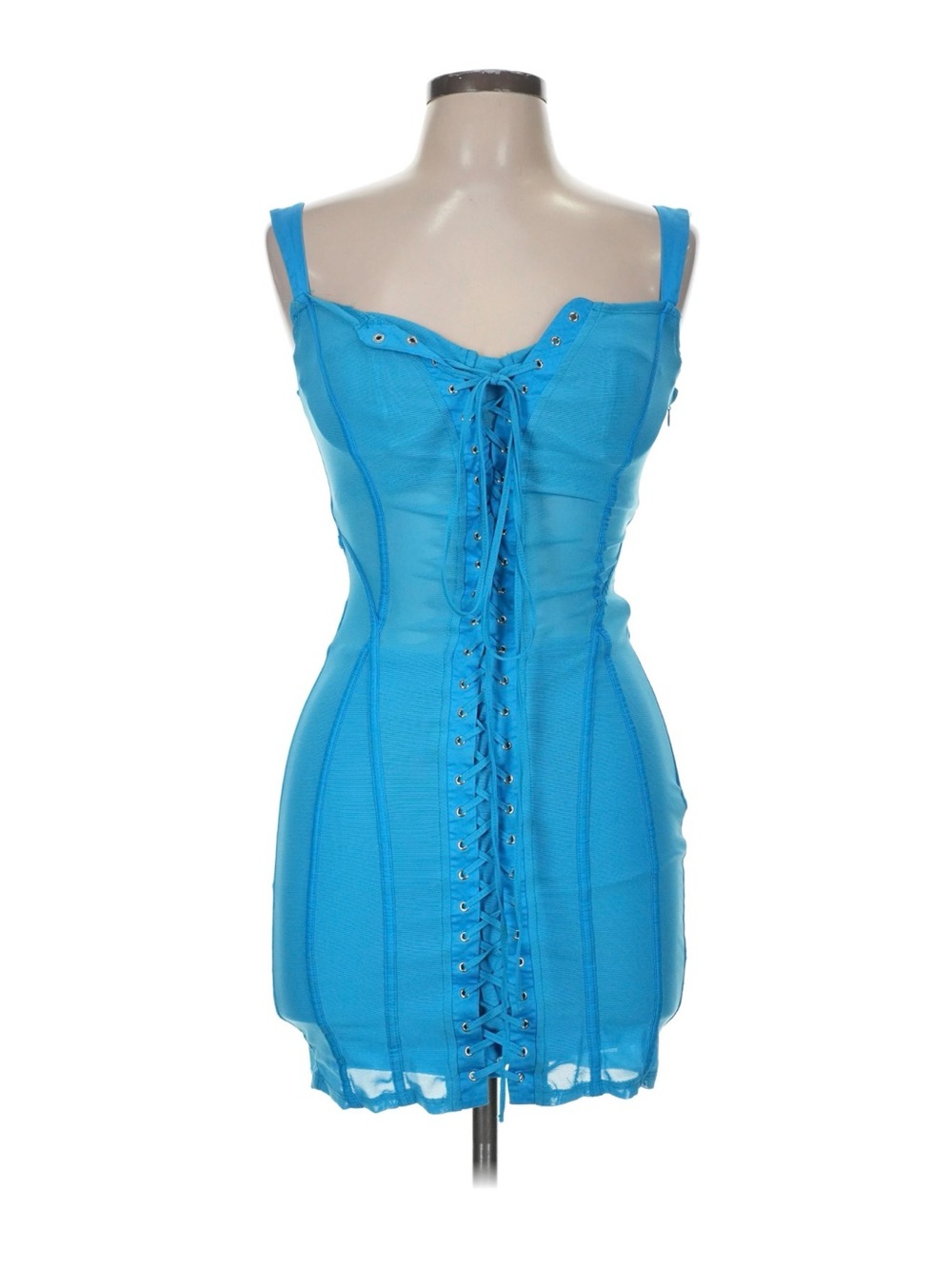 Oh Polly Electric Blue Lace-Up Mesh Slip Dress